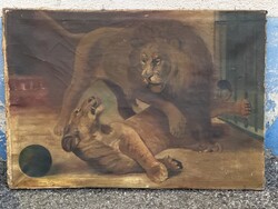 Hangulatos antik nagyméretű szignált Vastagh Géza oroszlán pár olaj-vászon festmény 66 x 94 cm