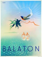 Régi retro vintage Balaton plakát Konecsni György reprint madár nyár tó fürdőzők utazási reklám