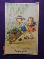 Régi, retró grafikus francia üdvözlő képeslap - kisfiú talicskával, kislány virágcsokorral