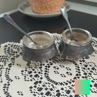 Vintage szovjet ezüstözött asztali fűszertartók üveg betéttel, kiskanalakkal