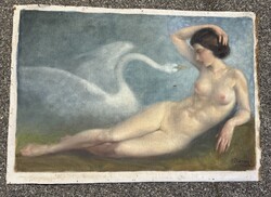 Kvalitásos hatalmas antik szignált Bernát János Léda és a hattyú olaj-vászon festmény 87 x 131 cm