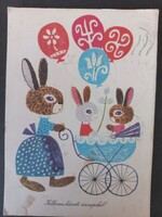 Old graphic postcard with drawings Happy Easter! Zsuzsa Demjén