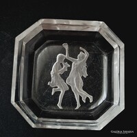 Heinrich Hoffmann intaglió, gyűrűtartó üveg tálka, 6,5 x 6,5 x 1,6 cm