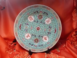 Famille Rose,  kínai porcelán nagy lapos kínáló tál hosszú élet mintával