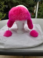 Sapka, kislány Usánka, Fehér valódi  bőr pink szőrme diszitéssel kezmüves magyar   termék