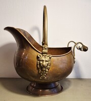 Antik oroszlánfejes patinás vörösréz kaspó, szenes kanna porcelános füllel