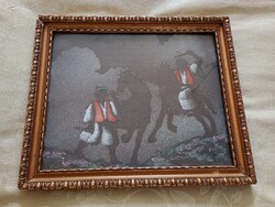 Selyemkép keretben 29x24cm Betyárok selyemre festett kép