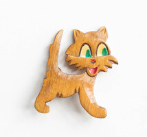 Retro lakkozott fa bross cica, mosolygó macska - melltű, kitűző