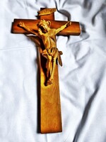Vintage 35 cm. natúr fa kereszt fából faragott korpusszal