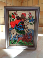 Antik erdélyi üveg ikon Sárkányölő Szent György ábrázolásával