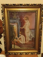 KÉZZEL HÍMZETT Antik Gobelin aranyozott keretben - Kandalló mellett melegedő gyermekek.