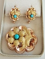 Biedermeier Aranyozott Ezüst Fülbevaló Bross Türkiz Üveggyöngyök Antik