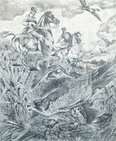 Rádóczy Gyarmathy Gábor (1943-): Solymászat (nagyméretű rézkarc) vadászat, lovasok, állatok, madarak