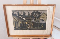 Alexin Andor linómetszet orosházi parasztudvar  62x44 cm kerettel