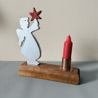 Vintage tömör fa angyalkás vörösréz gyertyatartó
