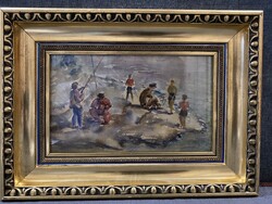 SZŐNYI ISTVÁN AKVARELL ‘HORGÁSZOK ‘ GYÖNYÖRŰ ÖKÖRSZEMES KERETBEN!!!  43X31 cm!!