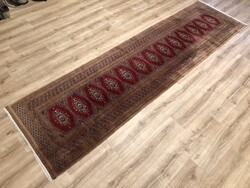 BOKHARA - PAKISZTÁNI kézi csomózású gyapjú PERZSA futó szőnyeg, 92 x 347 cm