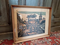 Alexin Andor (1921-2003): jelzett linóleum metszet, 1967-ből