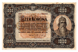 1000 Korona Államjegy 1920 MINTA barna sorozat és sorszámmal
