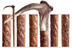 Oláh István - Vadjelenetes Agancsmarkolatú Faragott Fa Bot | Debrecen Sétabot Szarvas Róka Vaddisznó