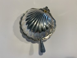 Ezüstözött dzsem tartó,üvegbetéttel,kanállal.