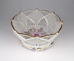 1X621 Régi, áttört, aranyozott, virágmintás Camina porcelán kosár 15.5 cm