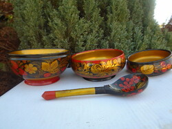 Orosz Fedoskino???? kézzel festett konyhai lakkozott nagyobb méretű tálak +szedőkanál