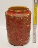 Tófej, fröcskölt fehér mázfoltos, piros mázas, szélesszájú henger kerámia váza (3622)