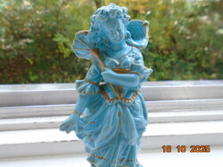 Türkiz mázas Sevres szobor Hölgy kalappal és napernyővel