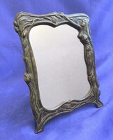 Szecessziós, bronz asztali tükör, nő alakkal, virágokkal.Jó állapotban!