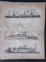 Gőzhajók I. és II.  -  eredeti 19. századi litográfia (fametszetes stílusban), Pallas Nagy Lexikon