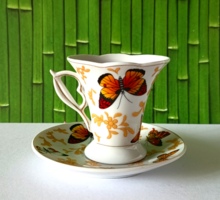 GYÖNYÖRŰ PILLANGÓS,ARANY MINTÁS PORCELÁN KÁVÉS CSÉSZE SZETT ALJJAL