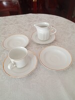 Aranyozott, fehér  hollóházi Douwe Egberts porcelánok:  4 db csészealj, 1 db kávés csésze + kiöntő