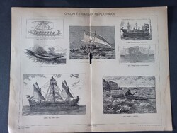 Ó-kori és barbár népek hajói  19. századi litográfia (fametszetes stílusban), Pallas Nagy Lexikon