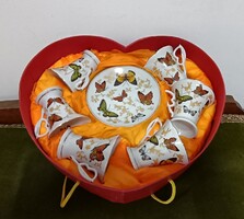 Pillangós - lepkés porcelán kávés csésze garnitúra, eredeti szív alakú dobozában