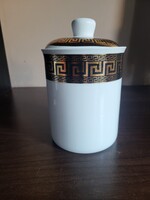 Versace-stílusú porcelán fedeles cukortartó – arany-fekete minta, 15 cm