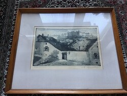 Régi Sz. Gyenes Lajos - Tabáni panoráma rézkarc üvegezett fa keretben