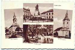 Makó - Templom, Horthy park . Hősök szobra  - régi mozaik képeslap