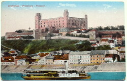 Pozsony- vár látképe sétahajóval  - antik litho  képeslap