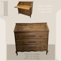 Antik stílusú, masszív tölgyfa írószekreter barokk jegyekkel