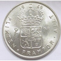 Svédország,2 kronor 1969 U - Lion without tail aUNC+ nikkel