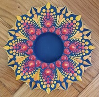 Mécsestartó sötétkék fa alapon piros, narancs, sárga mandala díszítéssel kézzel festett 12cm