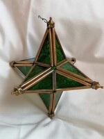Nagy méretű,  aranyozott fém és zöld üveg karácsonyi csillag, Betlehemi csillag, csúcsdísz.  16 cm.
