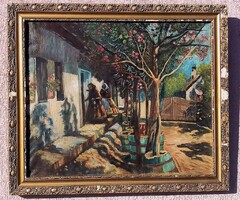 Kopogtatók. Impresszionista festmény. Ujváry Ignác szignóval