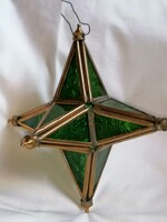 Nagy méretű,  aranyozott fém és zöld üveg karácsonyi csillag, Betlehemi csillag, csúcsdísz.  16 cm.