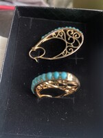 Csodaszép, türkiz köves, ovális, mintás, aranyozott ezüst karika fülbevaló