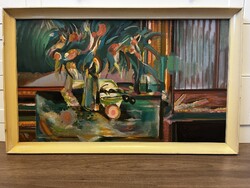 Varga Patrícia Minerva: Absztrakt asztali csendélet 120x80 cm