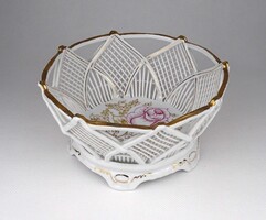 1X622 Régi, áttört, aranyozott, rózsa mintás Camina porcelán kosár 16 cm
