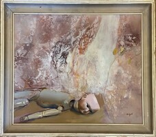 Eigel István (1922-2000): Törött baba, olaj farost J.j.l. 60x50cm