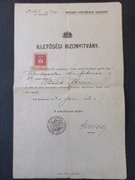 Budapest Fő és Székváros Tanácsa 1873 pecséttel ellátott Illetőségi bizonyítvány 1904-ből